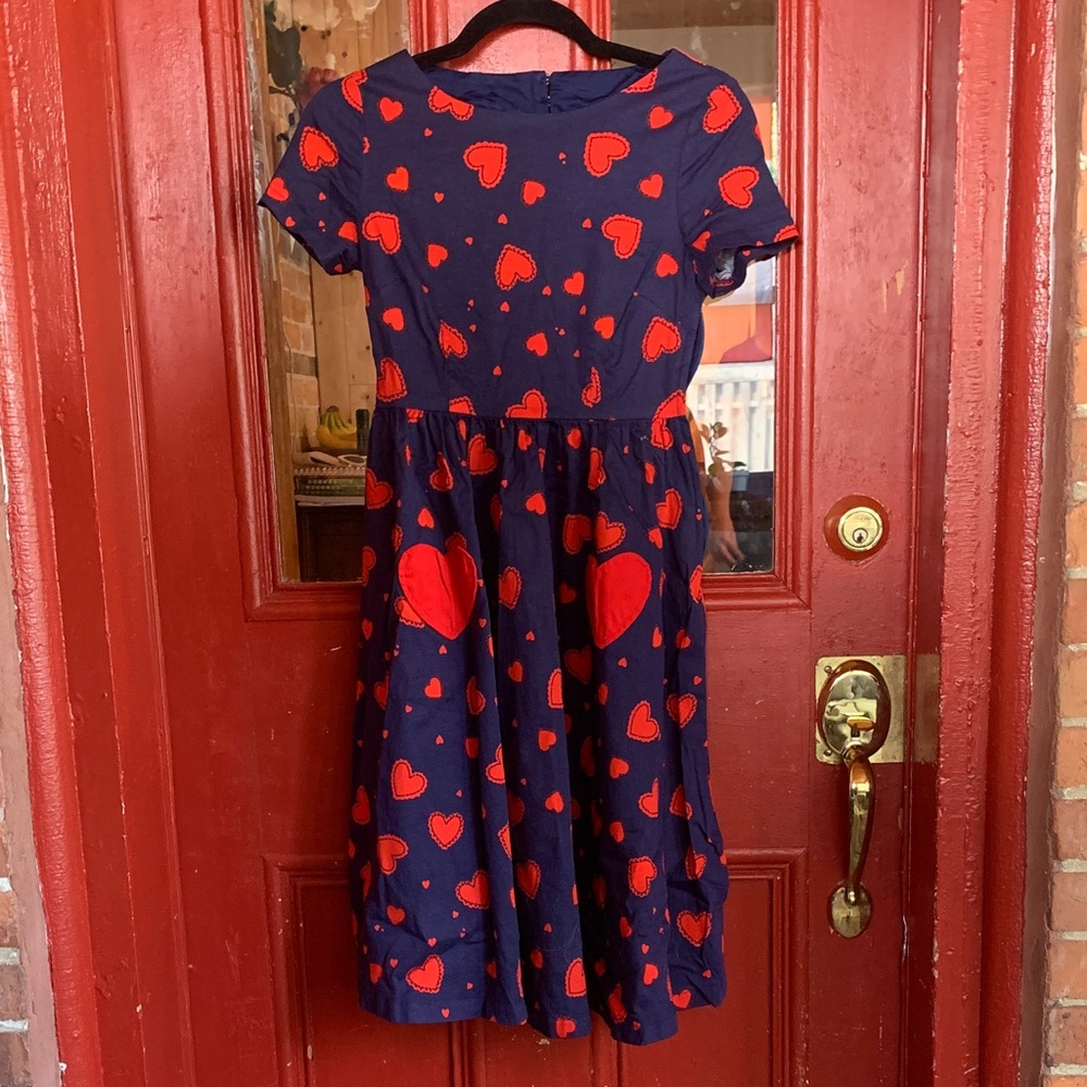 Lindy Bop Navy and Red Heart Midi Dress